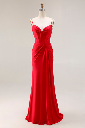 Red Corset Mermaid Spaghetti Straps Prom Dress